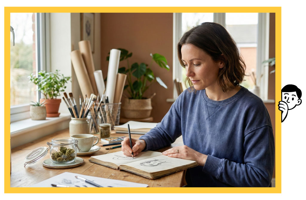Cannabis Flowers illustrated by an artist sketching botanical cannabis flower structures at a creative workspace