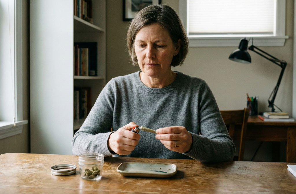 Cannabis Pre Rolls prepared by hand at a table as an adult woman carefully rolls and inspects a pre-roll indoors