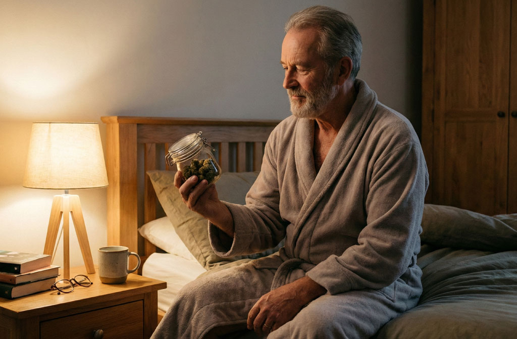 Cannabis Flowers enjoyed during a calm evening routine as a senior man examines cannabis flower at home